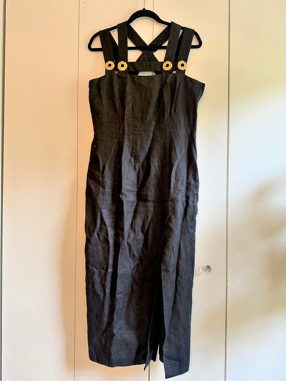 Santa Fe by Jim Tremblay linen Vintage Black Strappy Pencil Dress Size 12